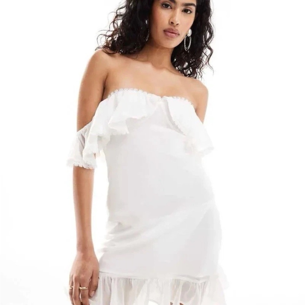 $53 NWT ASOS DESIGN bardot ruffle mini dress with lace insert in white SIZE US 2